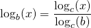 \log_b(x)=\displaystyle\frac{\log_c(x)}{\log_c(b)}