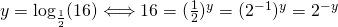 y=\log_\frac{1}{2}(16)\Longleftrightarrow 16=(\frac{1}{2})^y=(2^{-1})^y=2^{-y}
