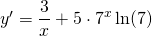 y'=\displaystyle\frac{3}{x}+5\cdot7^x\ln(7)